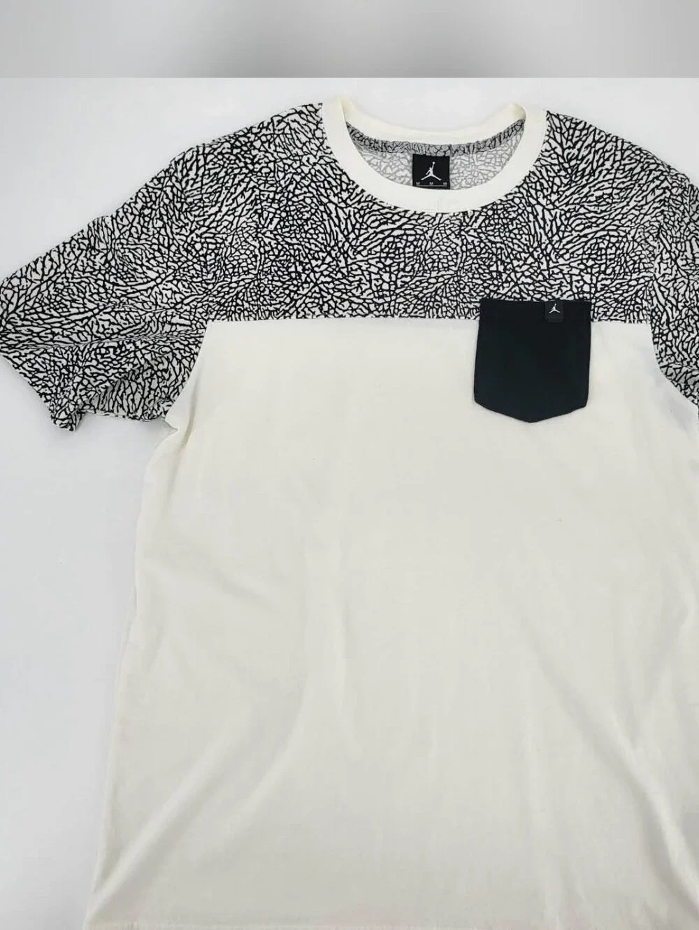 Jordan Mens White Tee with Black Patterned Yoke & Black Pocket